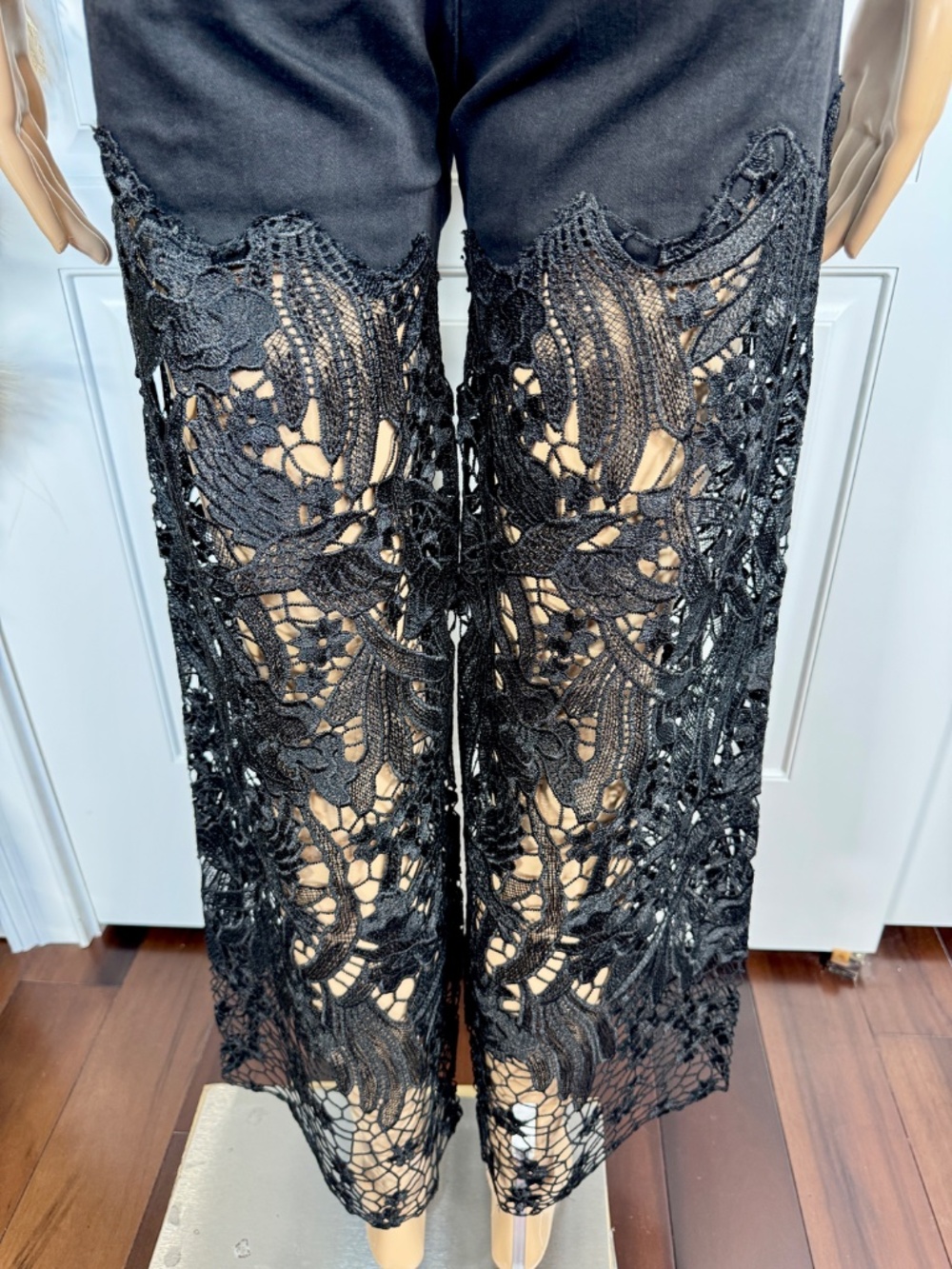BLACK HIGH WAIST CRYSTAL EMBELLISHED CURVE HUGGING WIDE LEG LACE JEANS - Picture 8 of 12